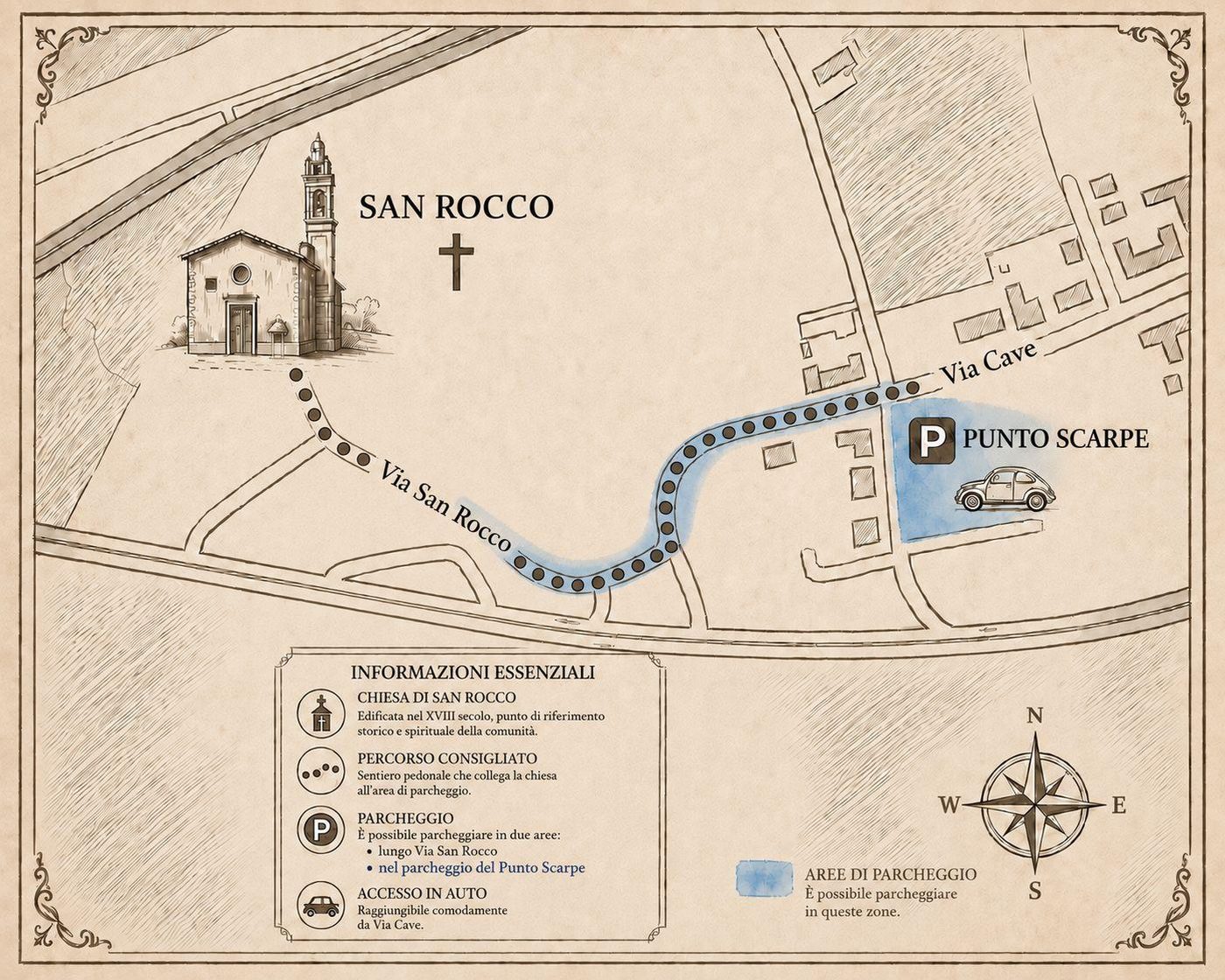 Mappa per raggiungere la chiesa di San Rocco, con il percorso a piedi e le aree di parcheggio